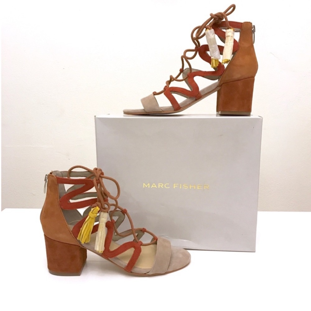 Marc Fisher Rays Lace Up gilly block heel sandal Taupe Brown Suede - Picture 1 of 6